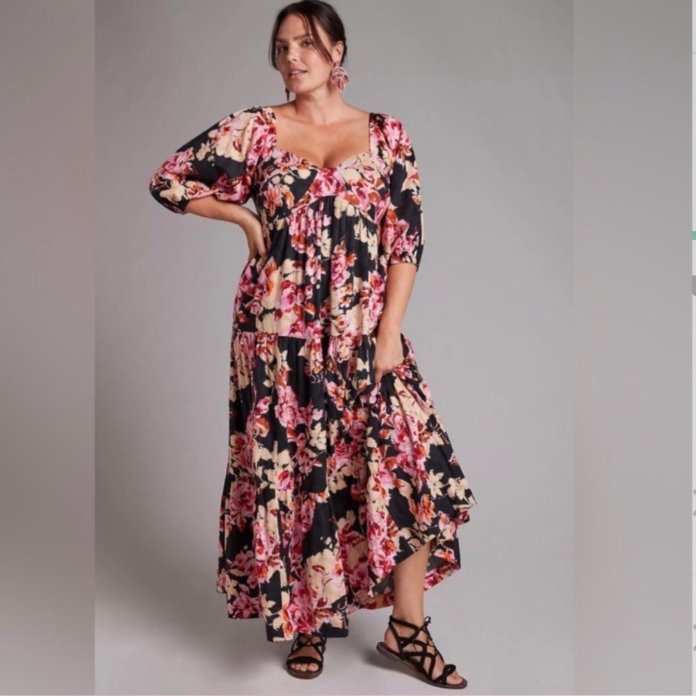 Anthropologie Black Floral Maxi Dress with Pink and Cream Blooms